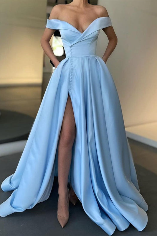 Fabulous Off-the-Shoulder Long Split Prom Dress With Pockets