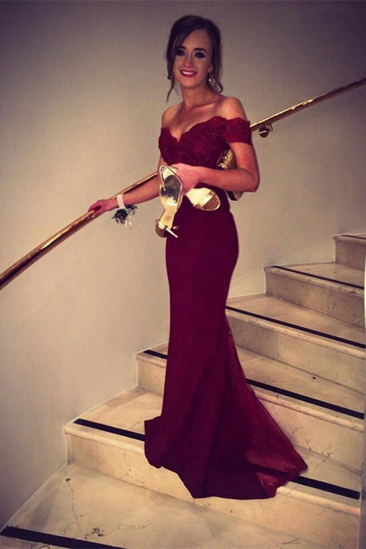 Gorgeous Burgundy Off-the-Shoulder Mermaid Prom Dress With Appliques