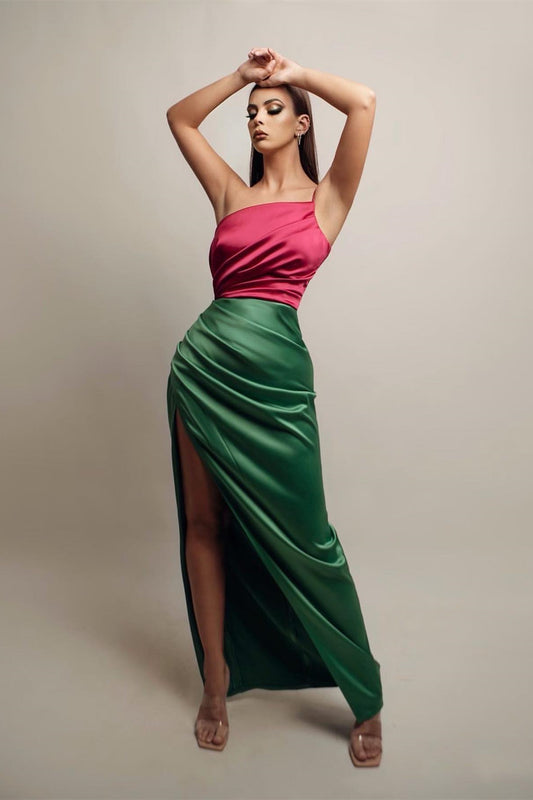 New Arrival One Shoulder Sleeveless Mermaid Prom Dress Pleats With Split