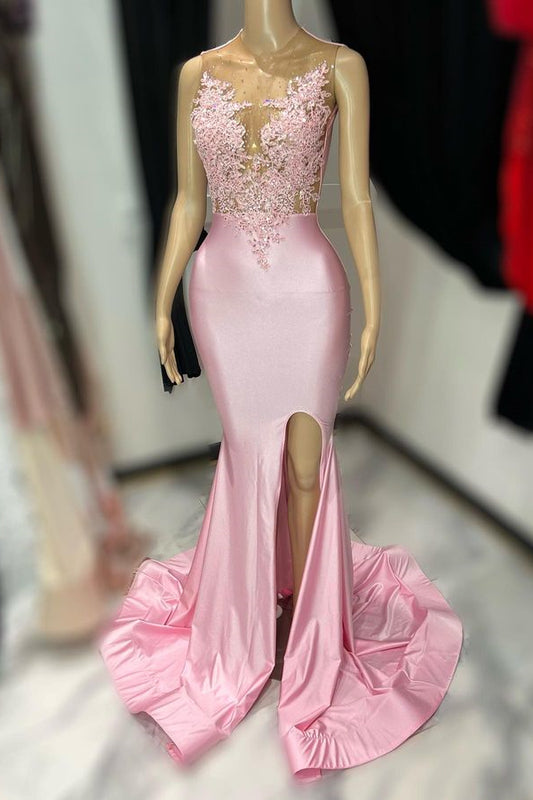 New Arrival Pink Mermaid Lace Appliques Prom Dress Split Sleeveless