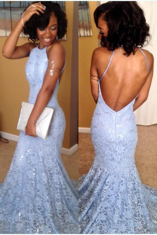 Glamorous Sky Blue Lace Backless Prom Dress Mermaid Long Sleeveless