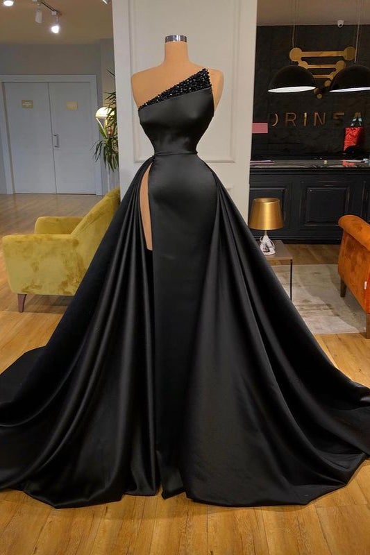 Fabulous Black Overskirt Long Prom Dress With Slit Beads