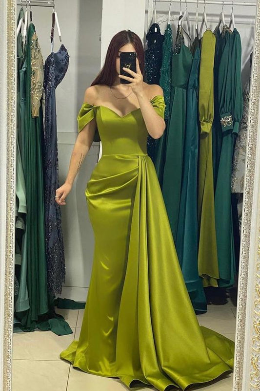 Classy Off-the-Shoulder Olive Green Prom Dress Mermaid Long With Ruffle