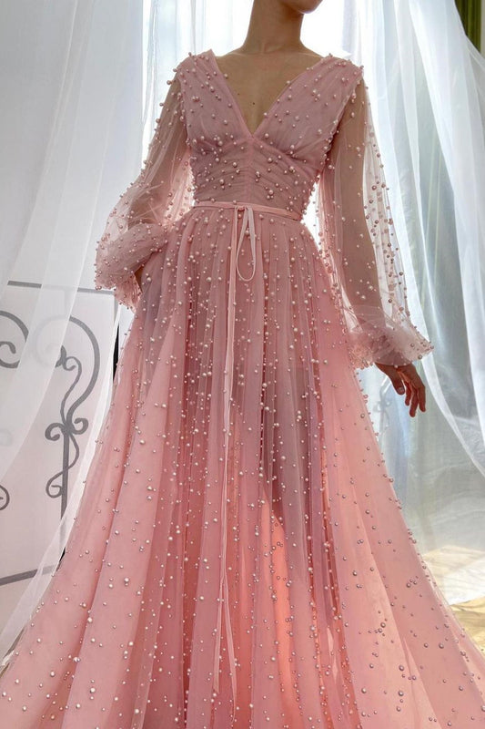 Gorgeous Pink Long Sleeves Prom Dress V-Neck Tulle With Pears