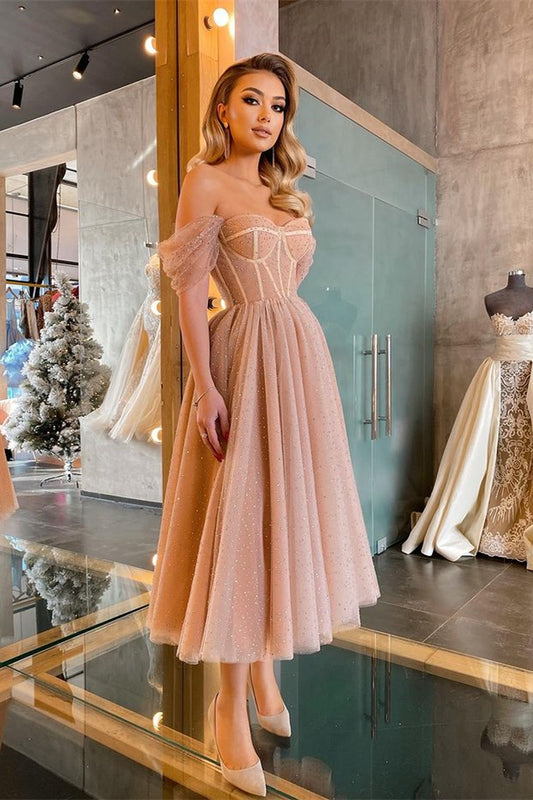 Gorgeous Off-the-Shoulder Tulle Prom Dress Sequins Tea-Length