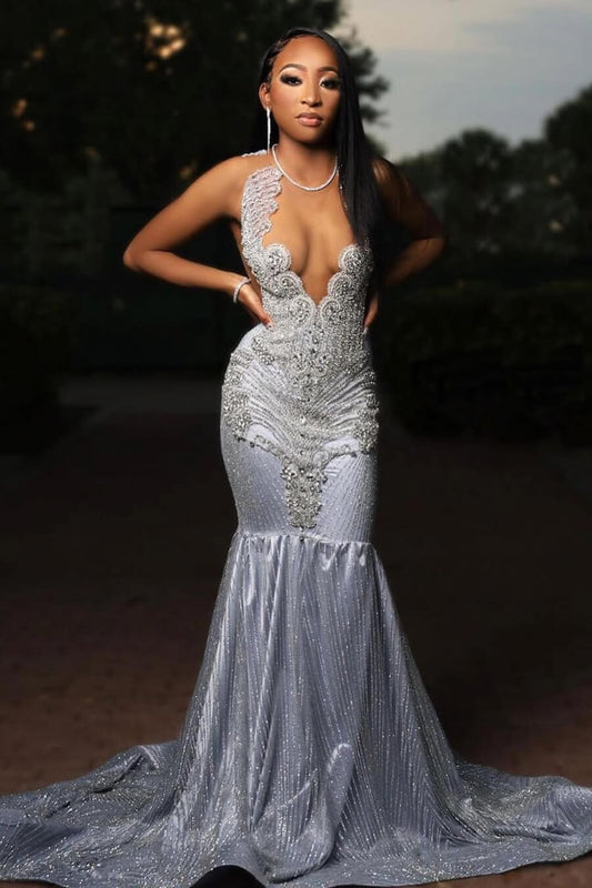 Modern Silver Sleeveless Mermaid Prom Dress Scoop With Beadings