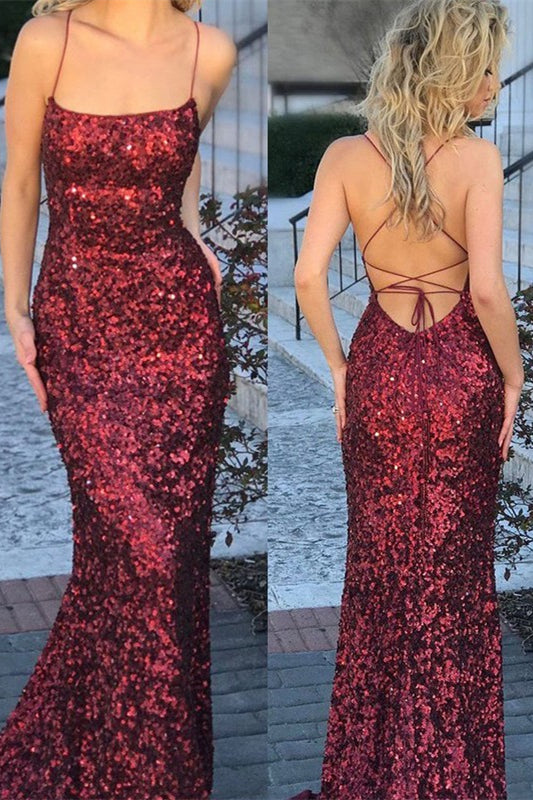 Gorgeous Burgundy Sequins Mermaid Prom Dress Spaghetti-Straps