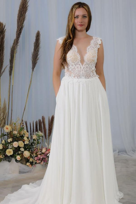 Backless Chiffon Wedding Dress with Romantic Wide Straps and Deep V-Neck Lace Appliques