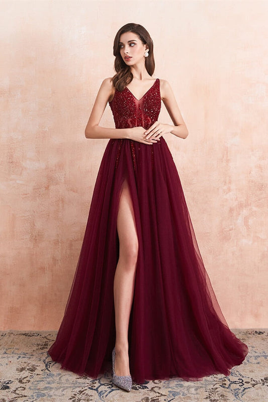 Gorgeous Burgundy V-Neck Sleeeveless Prom Dress Split With Beads Tulle Long