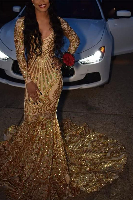 Modern Golden Yellow V-Neck Mermaid Prom Dress With Sequins Long Sleeves