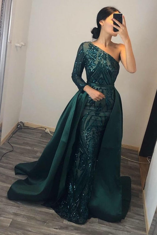 Chic Dark Green One Shoulder Long Sleeve Mermaid Prom Dress Sequins With Overskirt
