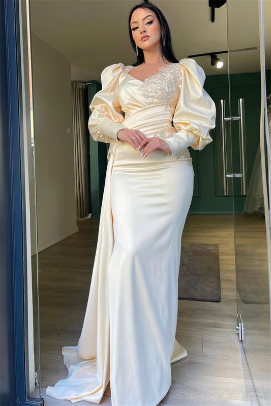 Glamorous Cream Long Sleeves Prom Dresses Mermaid Ruffles With Beads