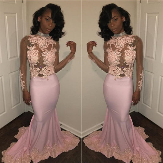 Gorgeous High Neck Long Sleeves Pink Prom Dress Lace Appliques Mermaid Party Gowns