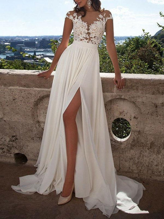 Beach Wedding Dress with Front Split and Lace Appliques
