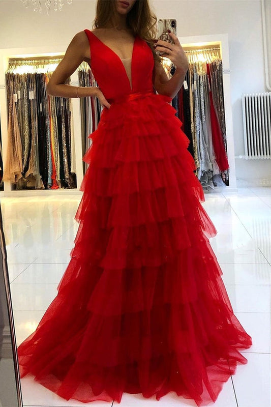 Amazing Sleeveless Tulle Prom Dress Layered V-Neck