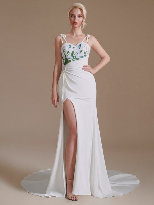 Elegant Satin Mermaid Wedding Gown with Spaghetti Straps, Open Back, and Slit