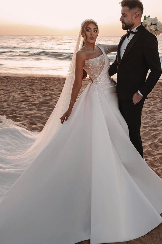 Elegant One Shoulder A-line Wedding Gown with Sequins and Long Sleeves