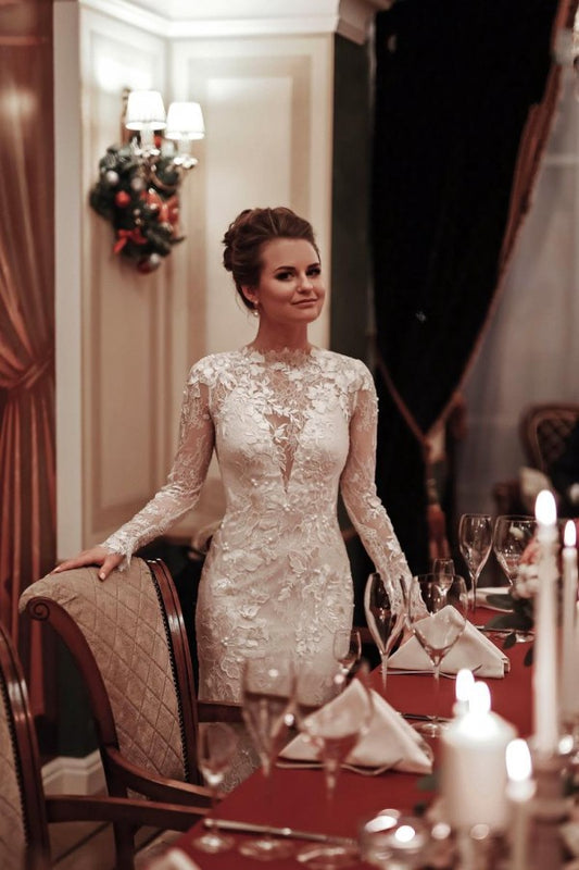 Elegant Backless Mermaid Wedding Gown with Vintage High Neck, Long Sleeves, and Lace Appliques