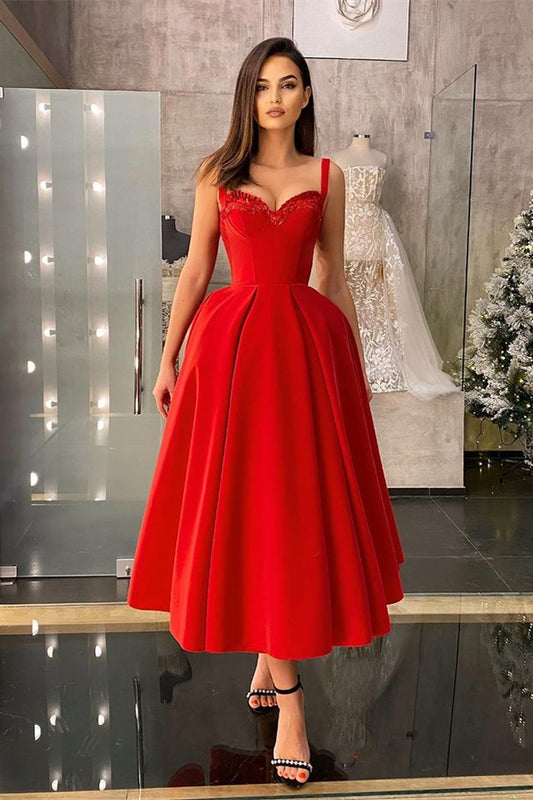 Classic Red Straps Prom Dress Tea-Length Sweetheart With Sequins
