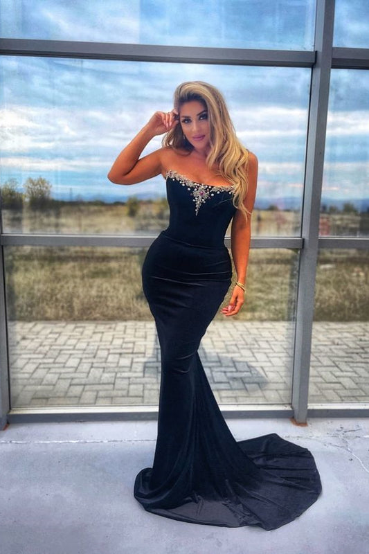 Modern Black Strapless Prom Dresses Mermaid Long With Beads Online