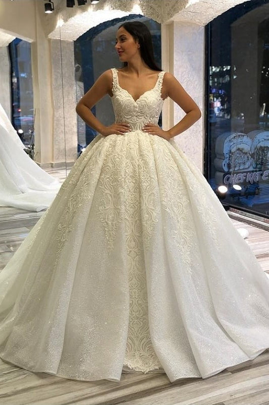 Elegant Sweetheart Wedding Dress with Sequins, Spaghetti Straps, and Backless Ball Gown Featuring Appliques Lace