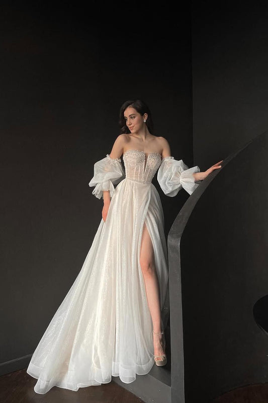 Elegant White Tulle Strapless Gown with Puff Sleeves, Long Split, and Beadings