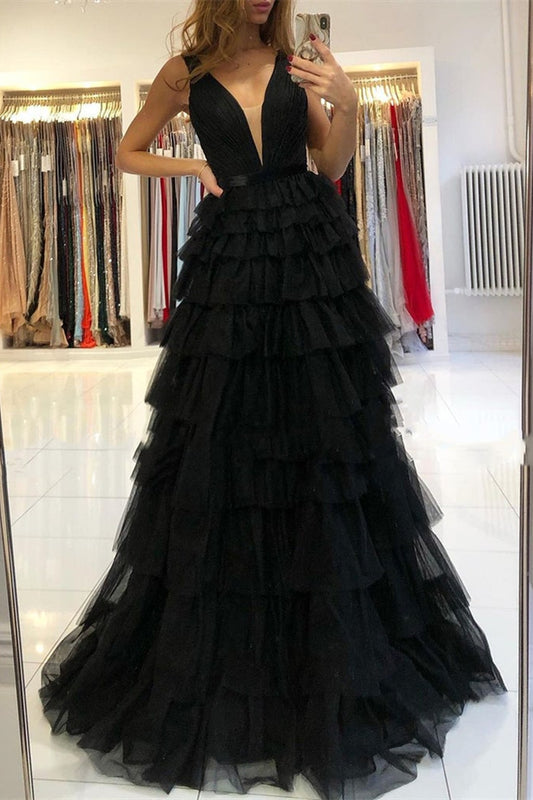 Amazing Sleeveless Tulle Prom Dress Layered V-Neck