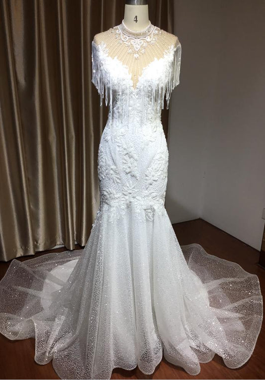 Mermaid Wedding Dress with High Neckline, Beaded Tassel Details