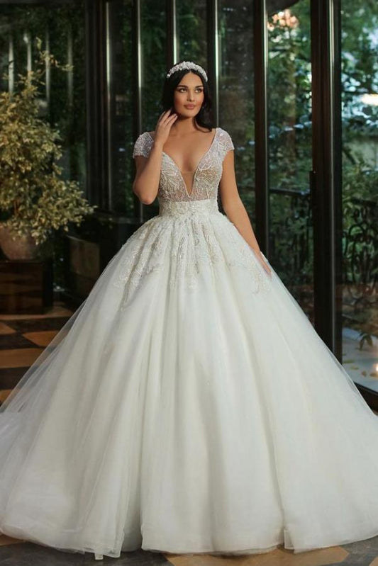 Elegant V-neck A-line Beaded Tulle Wedding Gown with Long Cap Sleeves