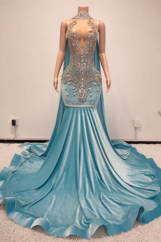Modern Blue Velvet Mermaid Prom Dress Sleeveless High Neck Ruffle With Beadings