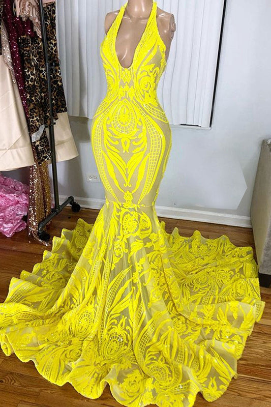 Charming Lemon Yellow V-Neck Sleeveless Prom Dress Mermaid Lace Sequins Long