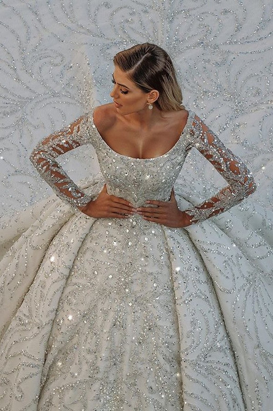 Elegant Off-The-Shoulder Satin Wedding Gown with Crystal Sequins and Backless Design