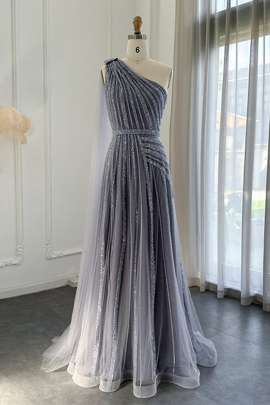 Charming Grey One Shoulder Beadings Prom Dress Tulle Long