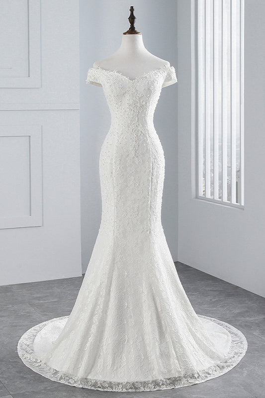 Elegant Floor-length Off-The-Shoulder Mermaid Bridal Gown With Lace