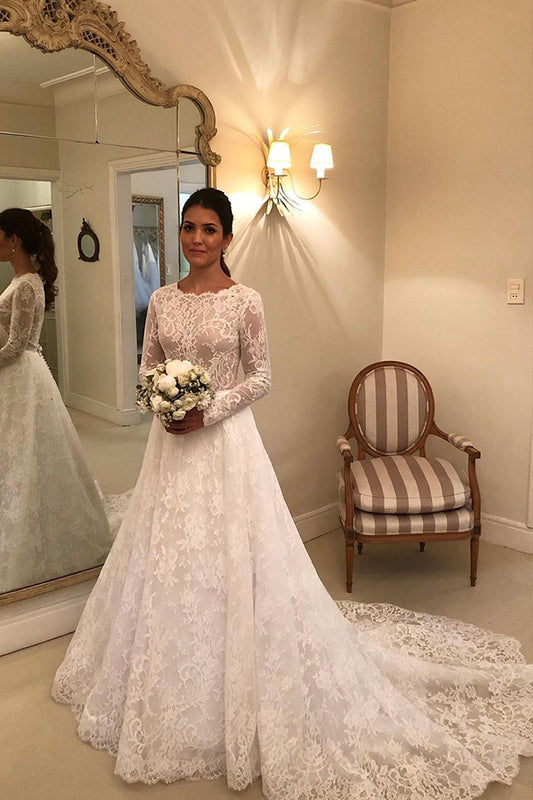 Elegant A-line Lace Wedding Dress with Long Sleeves and Appliques