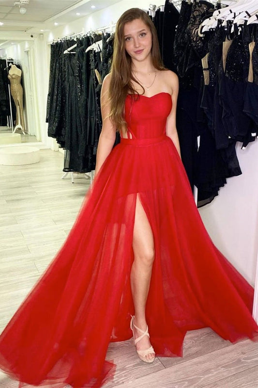 Fabulous Sweetheart Red Prom Dress Tulle With Split