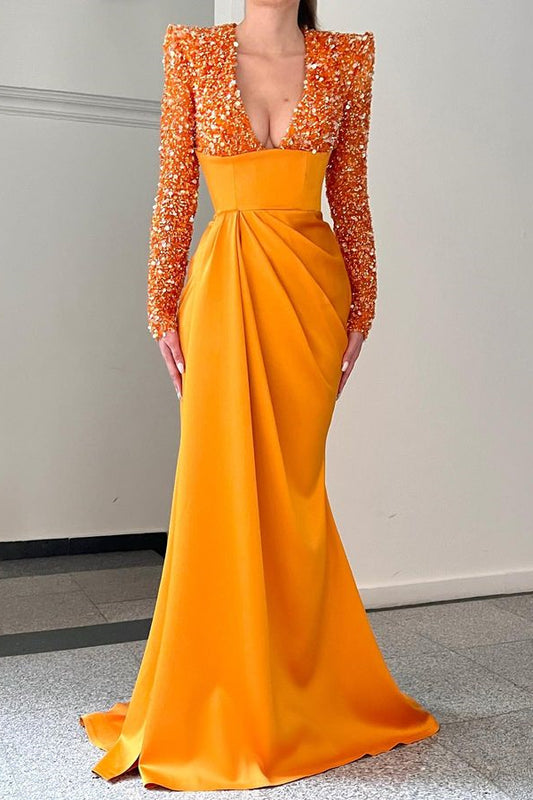 Chic Orange Deep V-Neck Mermaid Prom Dress Long Sleeves With Sequins