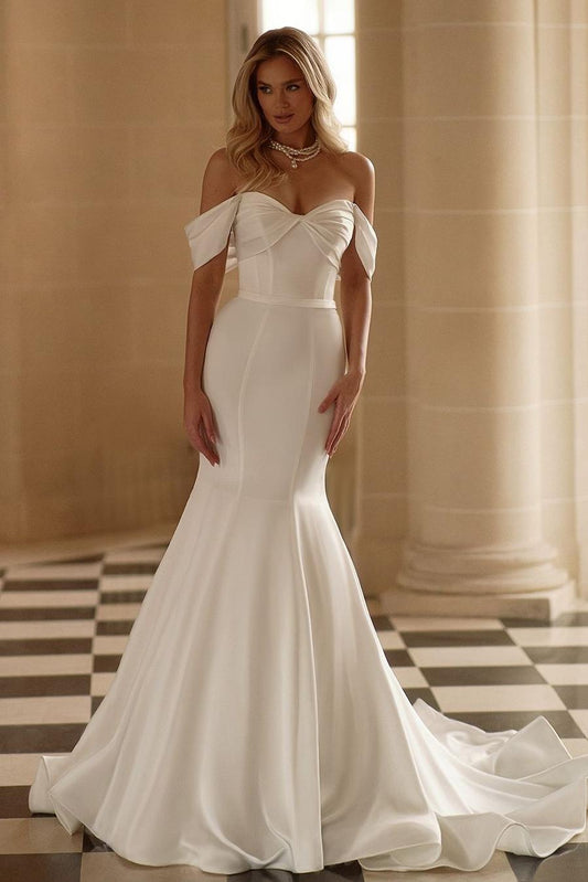 Elegant White Satin Sweetheart Mermaid Bridal Gown with Ruffles and Off-Shoulder Strapless Design