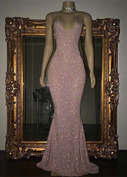 Classic Spaghetti-Straps Sequins Prom Dress Mermaid Sleeveless