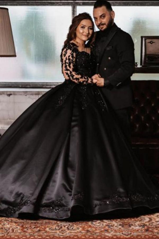 Long Sleeve Black Satin Ball Gown Wedding Dress in Elegant Style