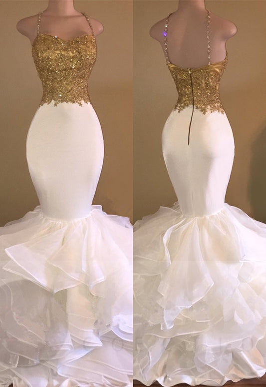 Elegant Spaghetti-Straps Gold Appliques Mermaid Prom Dress Sleeveless