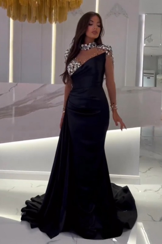 New Arrival Black Long Sleeves Prom Dress High Neck Mermaid With Crystal Beads