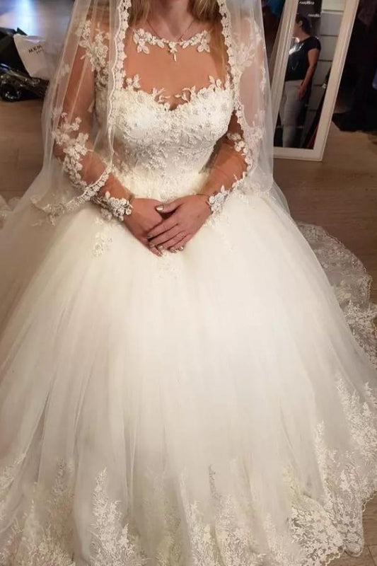 Elegant Long Sleeve A-line Sweetheart Tulle Wedding Gown
