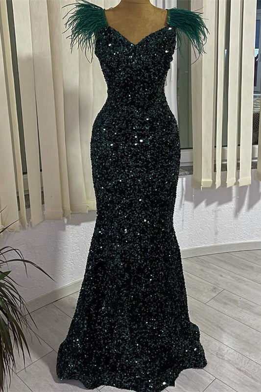 Classy Dark Green Sequins Mermaid Prom Dress With Feather Cap Sleeve