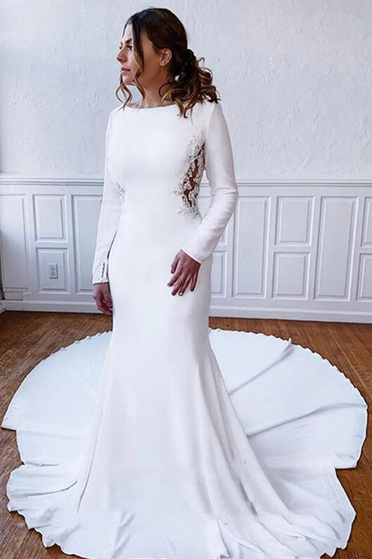Elegant Sheath Wedding Dress with Long Lace Sleeves and Illusion Back Appliques