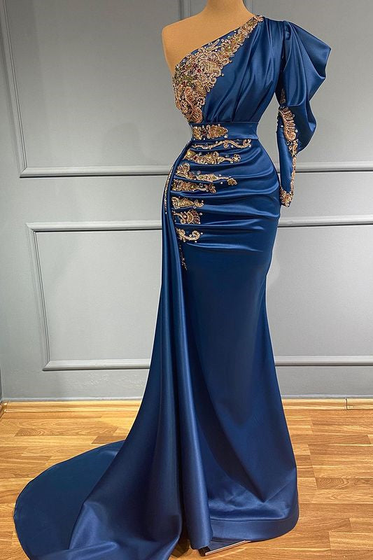 Elegant Long Sleeves One Shoulder Mermaid Prom Dress Navy Blue With Beads