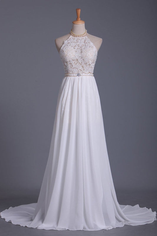 Elegant Halter Wedding Gown in Chiffon with Backless Design and Pearl Lace Ruffles
