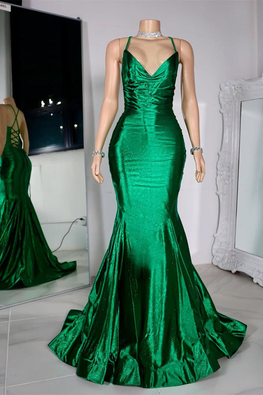 Modern Emerald Green Spaghetti-Straps Prom Dress Mermaid Sleeveless Lace-Up