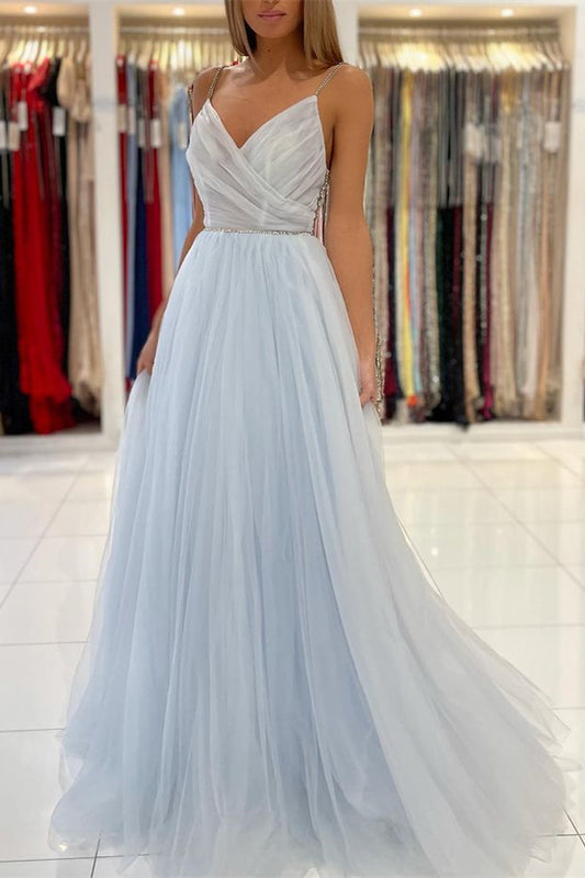 Amazing Spaghetti-Straps Sky Blue Prom Dress Tulle Open Back With Beads