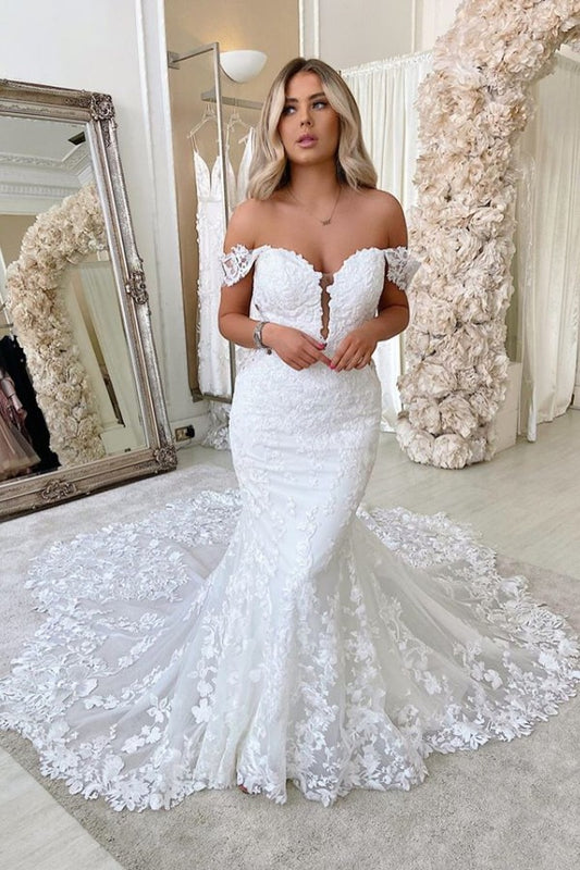 Elegant Backless Mermaid Wedding Gown with Lace and Off-The-Shoulder Design